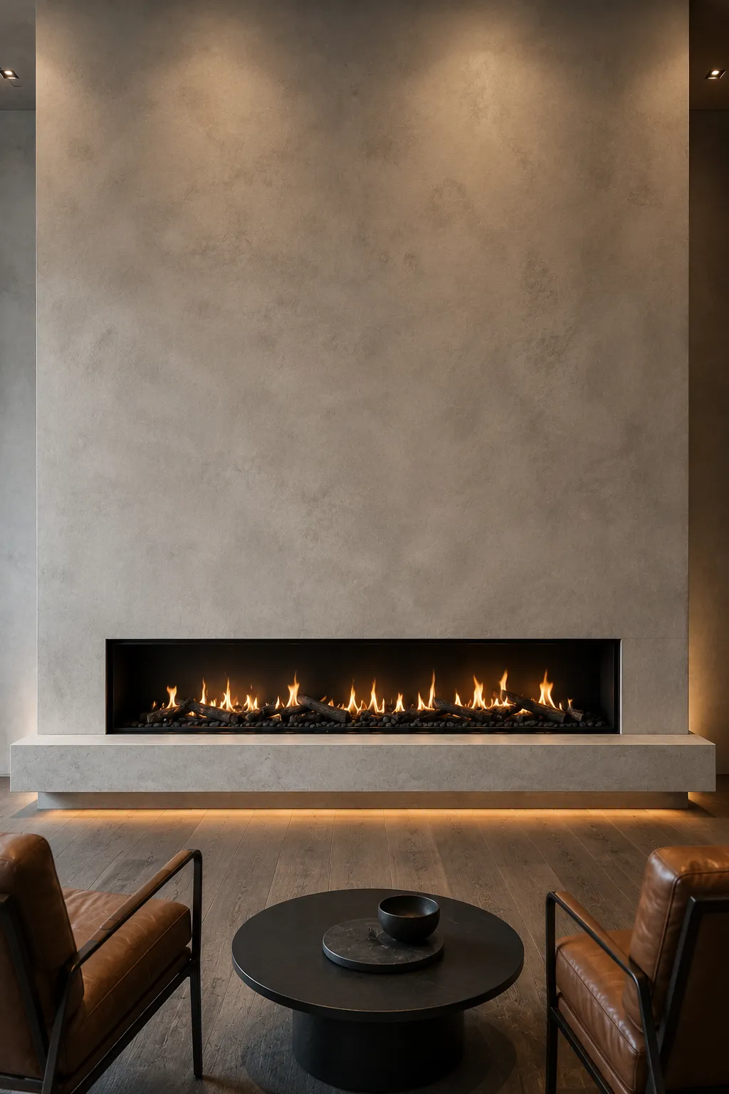 Minimalist concrete fireplace feature wall with a recessed linear fireplace, floating concrete hearth, warm LED accent lighting, natural oak flooring, luxury neutral seating, and a contemporary architectural living room with refined modern design.