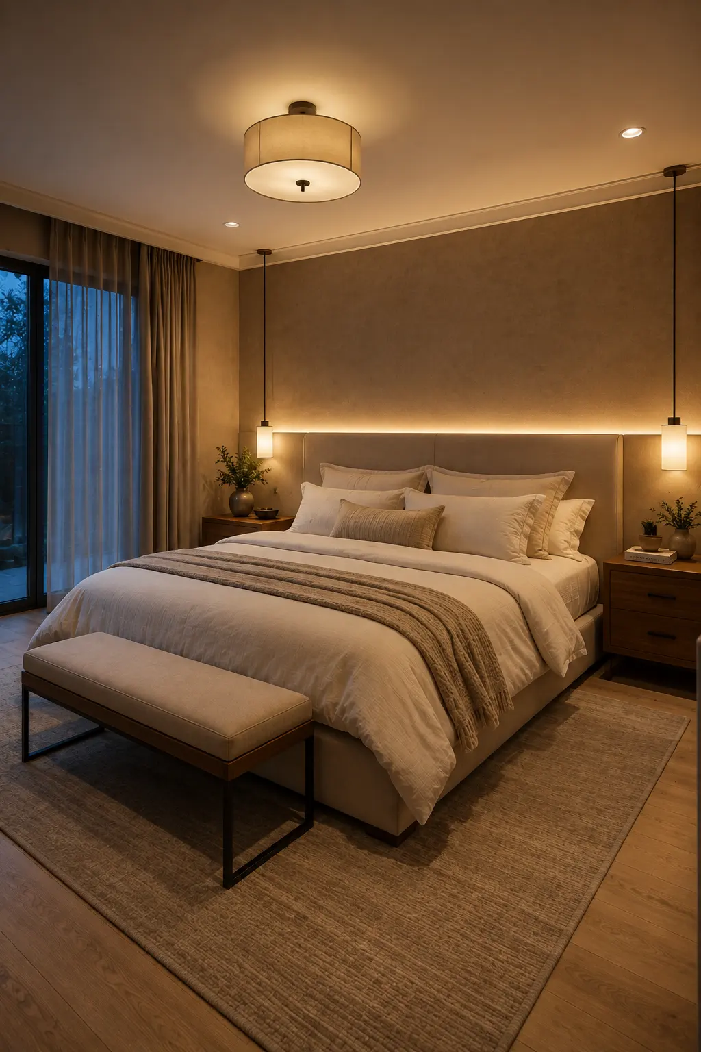 Warm modern adult bedroom at night featuring concealed headboard lighting, hanging bedside pendant lights, glowing ceiling fixture, cream upholstered bed, layered neutral bedding, wooden nightstands, upholstered bench, and cozy ambient bedroom lighting.