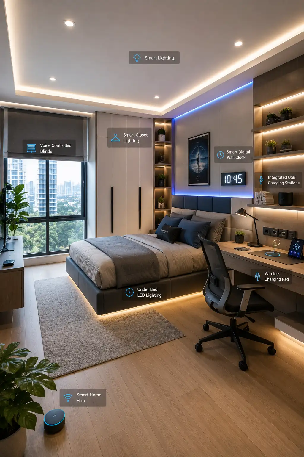 Smart kids room renovation featuring automated lighting, voice controlled window blinds, smart closet lighting, wireless charging, integrated USB charging stations, digital wall clock, under bed LED lighting, modern study desk, built in storage, and a connected bedroom setup.