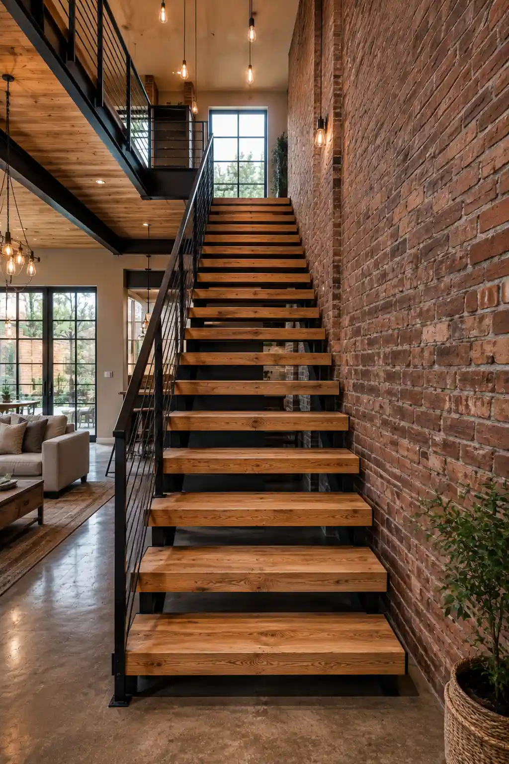 Modern industrial style home staircase with open natural timber treads, exposed warm brick wall, black steel staircase framework, slim black metal railings, visible structural supports, large windows, pendant lighting, warm wood ceiling, and clean Minecraft inspired rectangular staircase geometry.