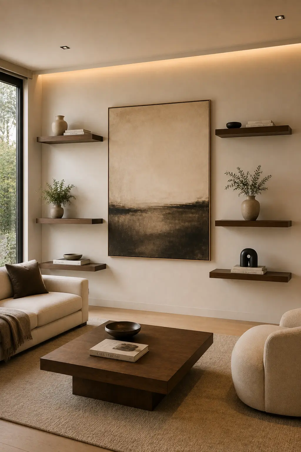 Elegant modern living room featuring a large contemporary framed artwork as the central focal point, surrounded by shorter walnut floating shelves arranged symmetrically on both sides. The shelves are styled with neutral ceramic vases, small plants, stacked books, black sculptural accents, and minimalist decorative objects that complement the artwork without overwhelming it. A cream sofa, dark walnut coffee table, textured neutral rug, warm beige wall, and soft architectural lighting complete the sophisticated modern interior.