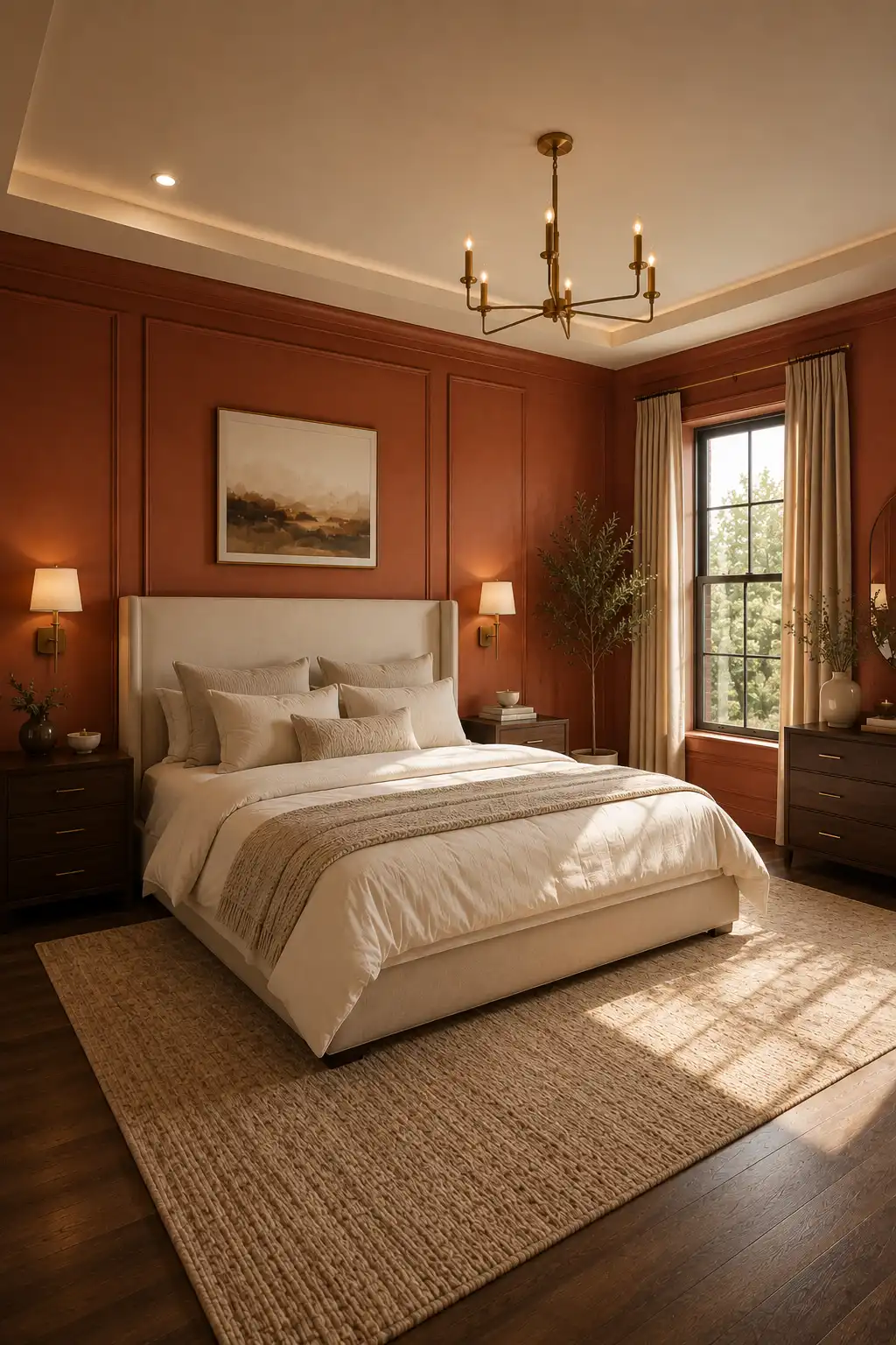Warm modern luxury bedroom featuring rich burnt terracotta painted walls with detailed decorative panel molding, a large cream upholstered bed dressed in layered ivory and beige bedding, dark walnut nightstands, warm brass sconces and chandelier, floor-to-ceiling beige curtains, a large textured neutral rug, dark hardwood flooring, framed landscape artwork, decorative greenery, and natural sunlight creating an inviting sophisticated bedroom.