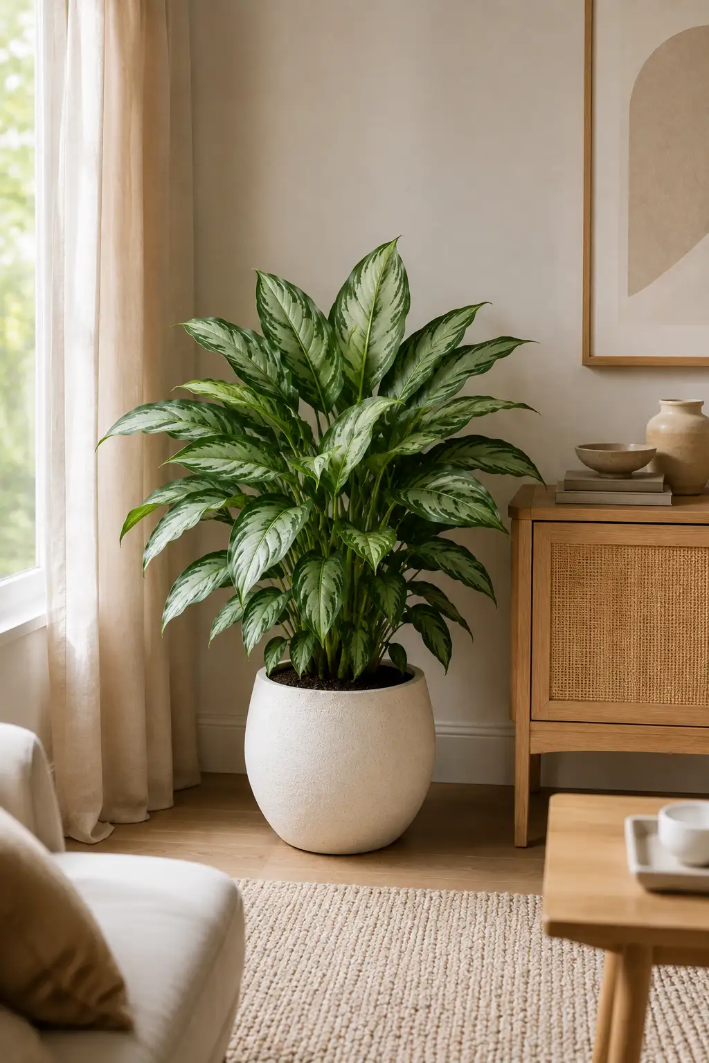 Lush Chinese Evergreen with broad green leaves featuring natural silver and cream variegation in a rounded textured white planter beside a warm wooden cabinet, neutral artwork, soft curtains, natural rug, and contemporary living room furniture.