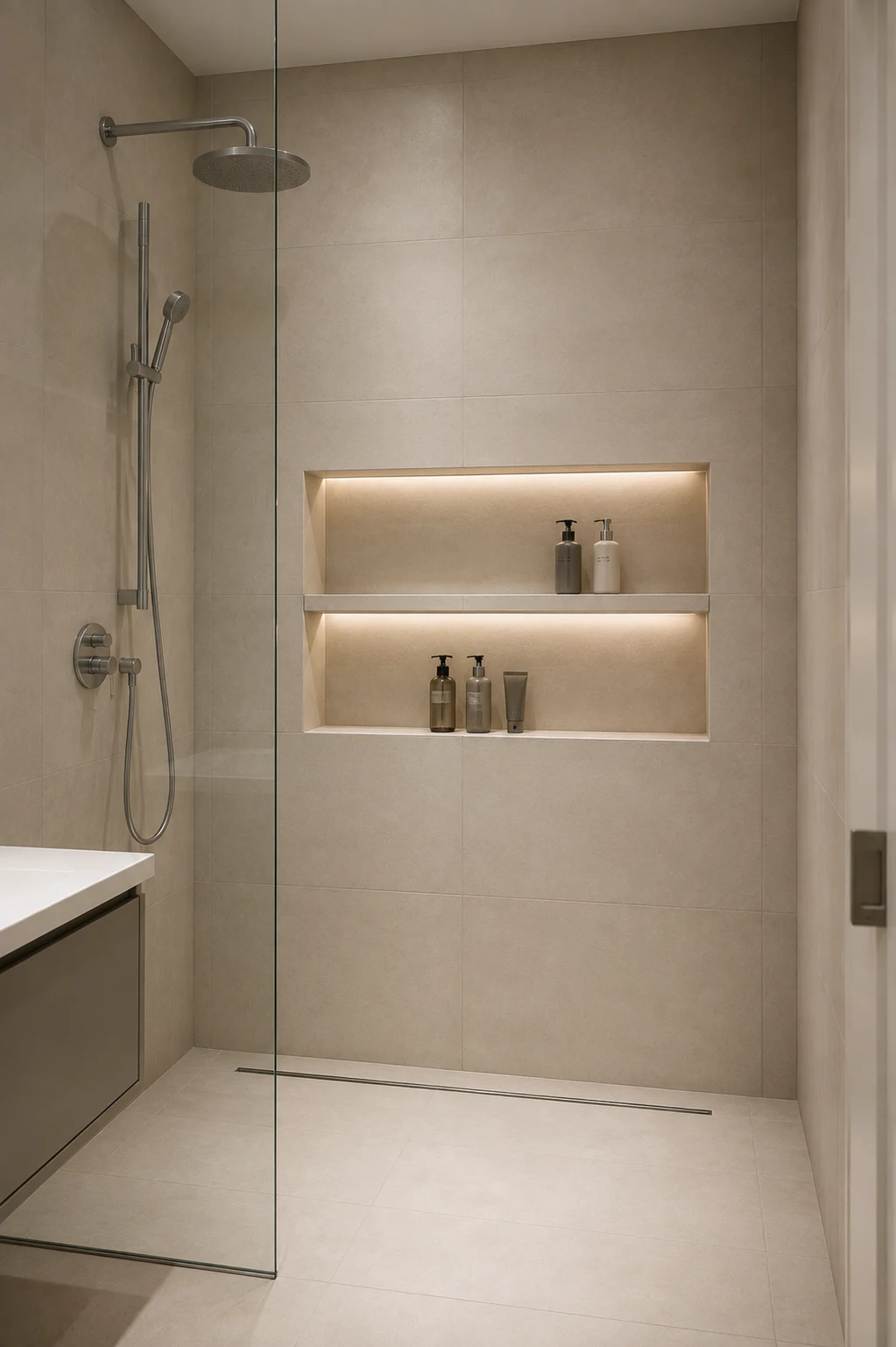 Small luxury bathroom shower with a wide built in recessed niche integrated directly into the beige tiled wall. The niche includes two illuminated shelves with neatly arranged neutral bottles, surrounded by large format porcelain tiles and a frameless glass enclosure with minimalist chrome fixtures, creating practical storage with a custom designer finish.