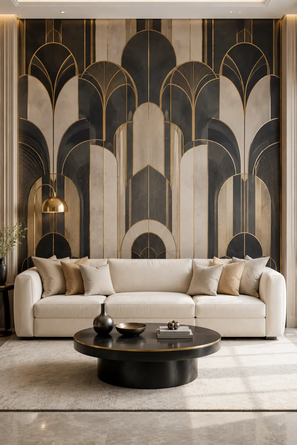 Luxury modern living room featuring bold Art Deco geometric wallpaper with oversized arches, fan shapes, vertical lines, charcoal panels, cream sections, and subtle gold detailing, paired with a cream sofa, round black coffee table, brass accents, neutral rug, and elegant contemporary lighting.