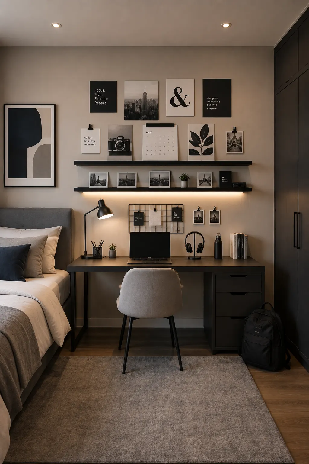 Modern teen bedroom study corner featuring a contemporary desk beneath a personalized creative wall display with framed artwork, black and white photographs, a calendar, clipboards, picture ledges, small shelves, a wire organizer, and decorative prints. The workspace includes a laptop, headphones, desk lamp, notebooks, storage drawers, modern chair, warm LED lighting, and coordinated neutral bedroom decor.