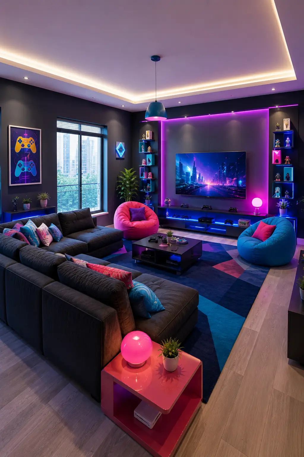 Modern Toca Boca inspired gaming living room featuring a large dark charcoal sectional sofa, bright pink rounded gaming chair, vivid blue rounded accent chair, large wall mounted television, purple and electric blue LED lighting, illuminated gaming shelves filled with colorful collectibles, game controller artwork, colorful patterned area rug, pink accent table, indoor plants, dramatic dark walls, and a complete immersive gaming lounge layout captured from a wide angle.