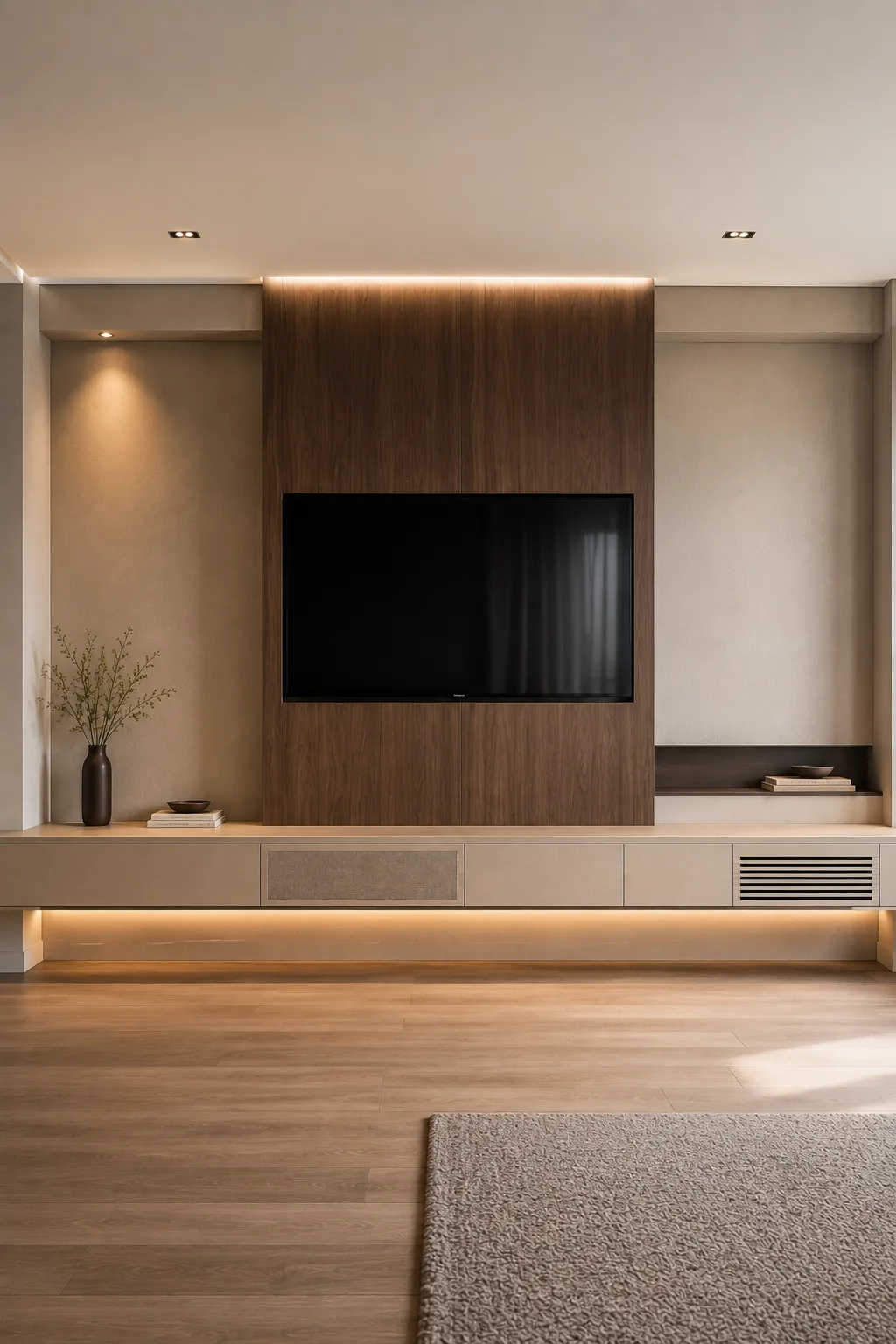 Contemporary TV wall centered around a full height warm wood panel that frames the mounted television, with symmetrical recessed side sections, subtle architectural lighting, a long floating media console, integrated ventilation, and concealed storage below.