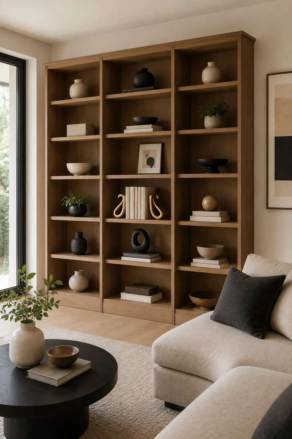 Modern living room featuring a large built-in wood shelving unit styled with sculptural black and cream bookends, neutral stacked books, ceramic vases, decorative bowls, small plants, and framed artwork, creating a carefully curated contemporary shelving display beside a cream sofa.