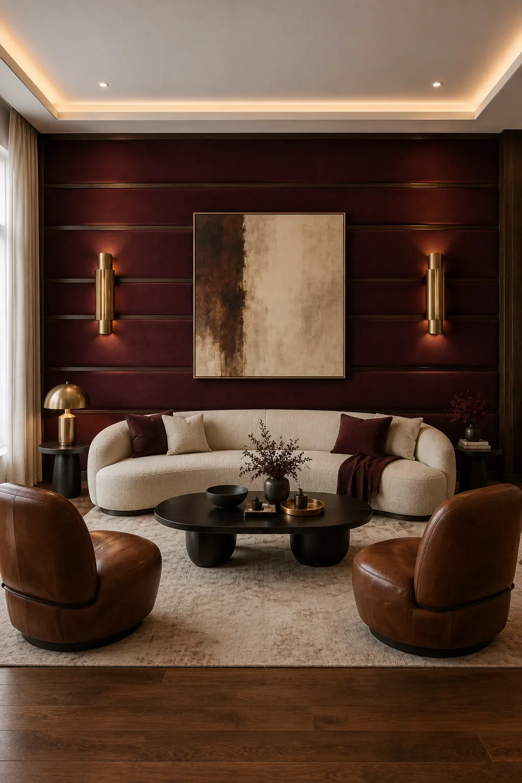 Dramatic luxury living room featuring a full deep burgundy accent wall with elegant horizontal architectural paneling, warm brass sconces, large neutral abstract artwork, curved cream sofa, rich cognac leather lounge chairs, black sculptural coffee table, soft beige area rug, dark walnut flooring, and warm sophisticated interior lighting.