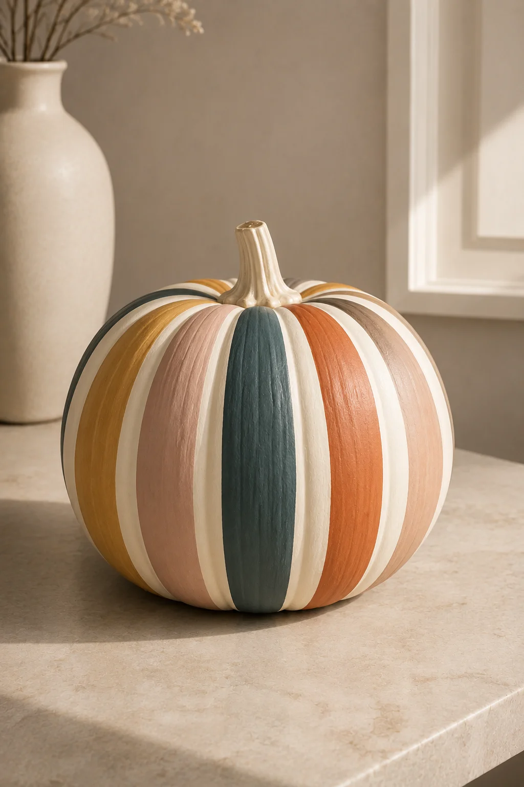A real pumpkin decorated with sophisticated vertical stripes in warm ivory, muted mustard, dusty blush, terracotta, deep teal, and soft taupe, creating a colorful contemporary painted pumpkin for fall home decor.