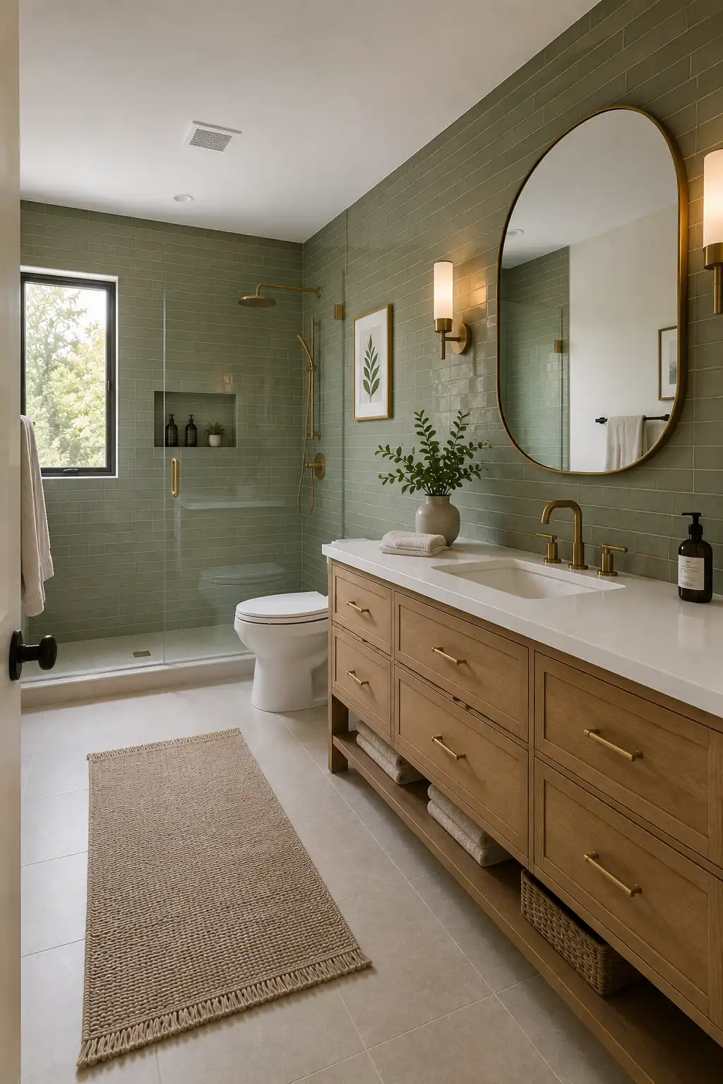 Full sage green bathroom featuring muted green subway tile extending from the shower across the main bathroom walls, natural oak vanity with detailed cabinetry and open towel storage, white countertop and integrated sink, oversized rounded brass-framed mirror, brushed brass shower fixtures, brass faucet and wall sconce, frameless glass shower, white toilet, neutral flooring, woven runner, and subtle greenery.