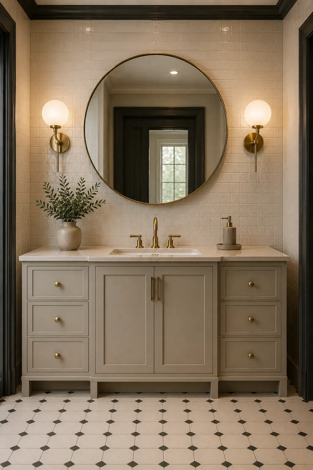 Modern vintage bathroom with a large round brass-framed mirror, warm cream ceramic tile walls, soft cream raised-panel vanity, antique brass faucet, globe sconces, black architectural trim, and classic geometric floor pattern.