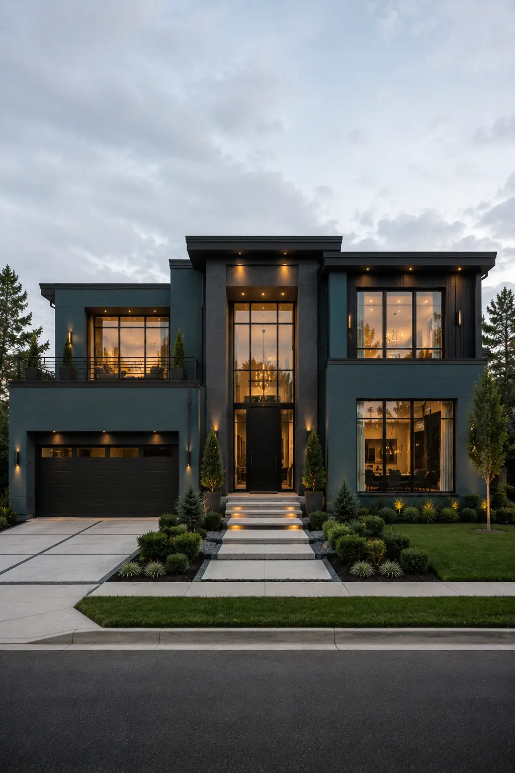 High end modern home with deep blue green exterior paint and charcoal architectural accents, black framed floor to ceiling windows, dramatic central entrance, dark garage, layered geometric facade, manicured landscaping, concrete pathways, and warm exterior lighting.