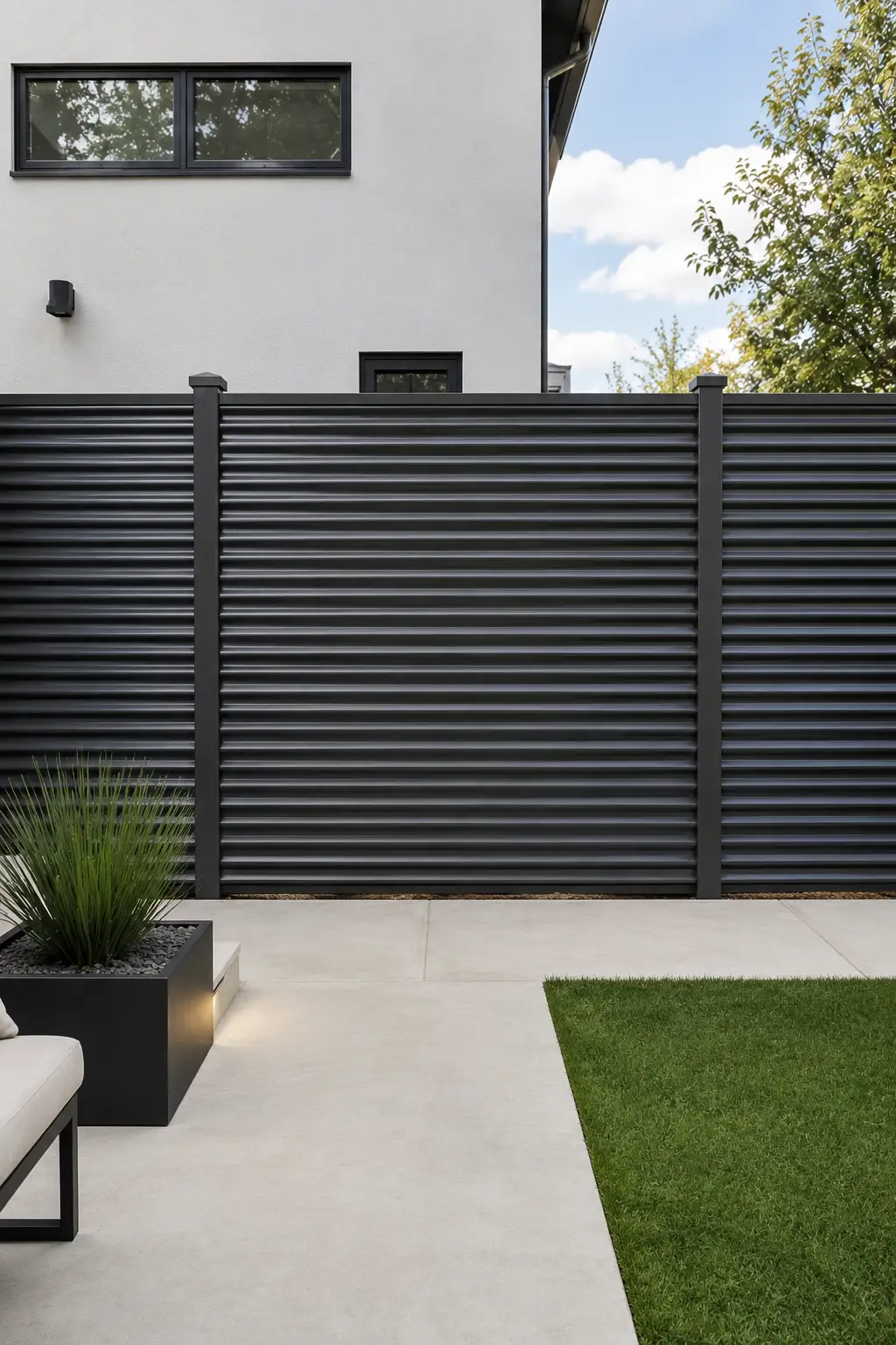 Modern ribbed metal privacy fence with closely spaced horizontal ridges in a dark charcoal finish, forming a sleek textured backdrop beside a minimalist concrete patio, green lawn, architectural planter, and contemporary white home.