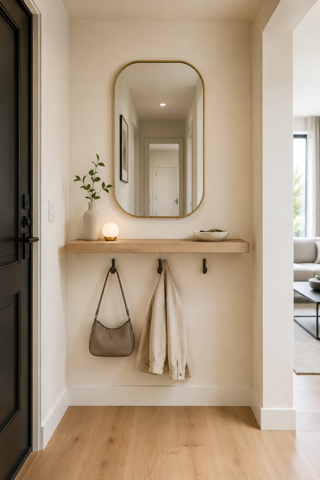 Functional narrow entryway featuring a wall mounted natural wood floating shelf with integrated drawers, three dark wall hooks holding a neutral handbag and light jacket, tall rounded rectangular brass framed mirror, small glowing spherical lamp, ceramic vase with greenery, shallow decorative bowl, warm cream walls, natural oak flooring, open floor space, and stylish space saving entryway organization.