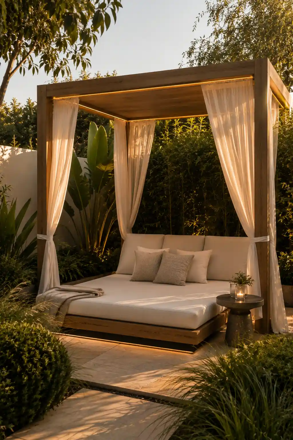 Dreamy backyard daybed retreat with a modern wood canopy, oversized cream cushioned bed, sheer white outdoor curtains, textured neutral pillows, cozy throw blanket, small dark side table, dense privacy greenery, ornamental grasses, and warm integrated golden hour lighting.