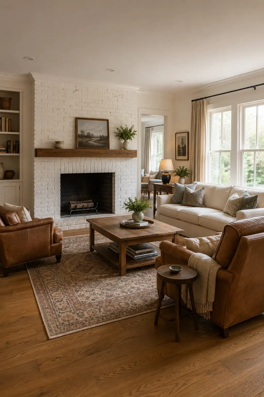 Cozy Joanna Gaines inspired living room featuring a white painted brick fireplace with a thick rustic wood mantel, cream sofa, warm brown leather armchairs, natural wood coffee table, faded vintage rug, built in shelving, soft linen curtains, landscape artwork, and fresh greenery.