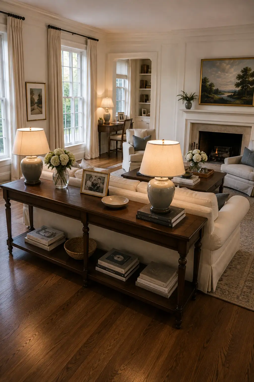 Nancy Meyers inspired living room featuring a long dark wood console behind a floating cream sofa, matching ceramic lamps, framed family photograph, fresh flowers, stacked books, traditional fireplace, neutral armchairs, hardwood floors, and elegant window treatments.