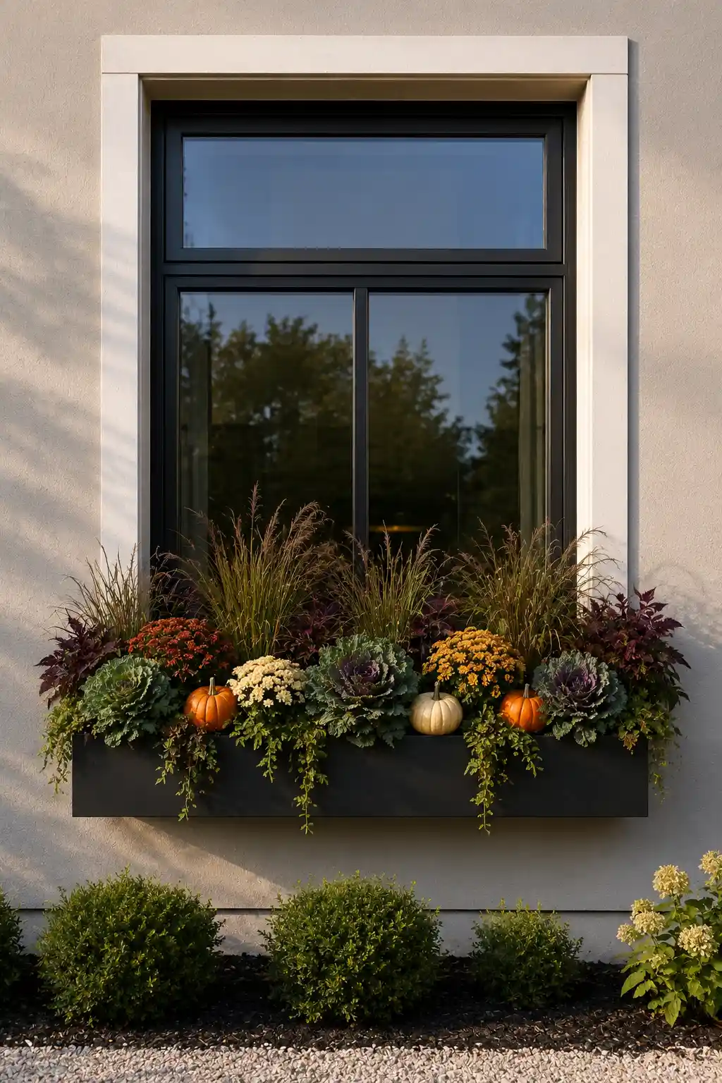 Modern fall window box overflowing with ornamental grasses, burgundy foliage, orange and cream chrysanthemums, ornamental cabbage, trailing greenery, and miniature pumpkins beneath a large black framed exterior window.