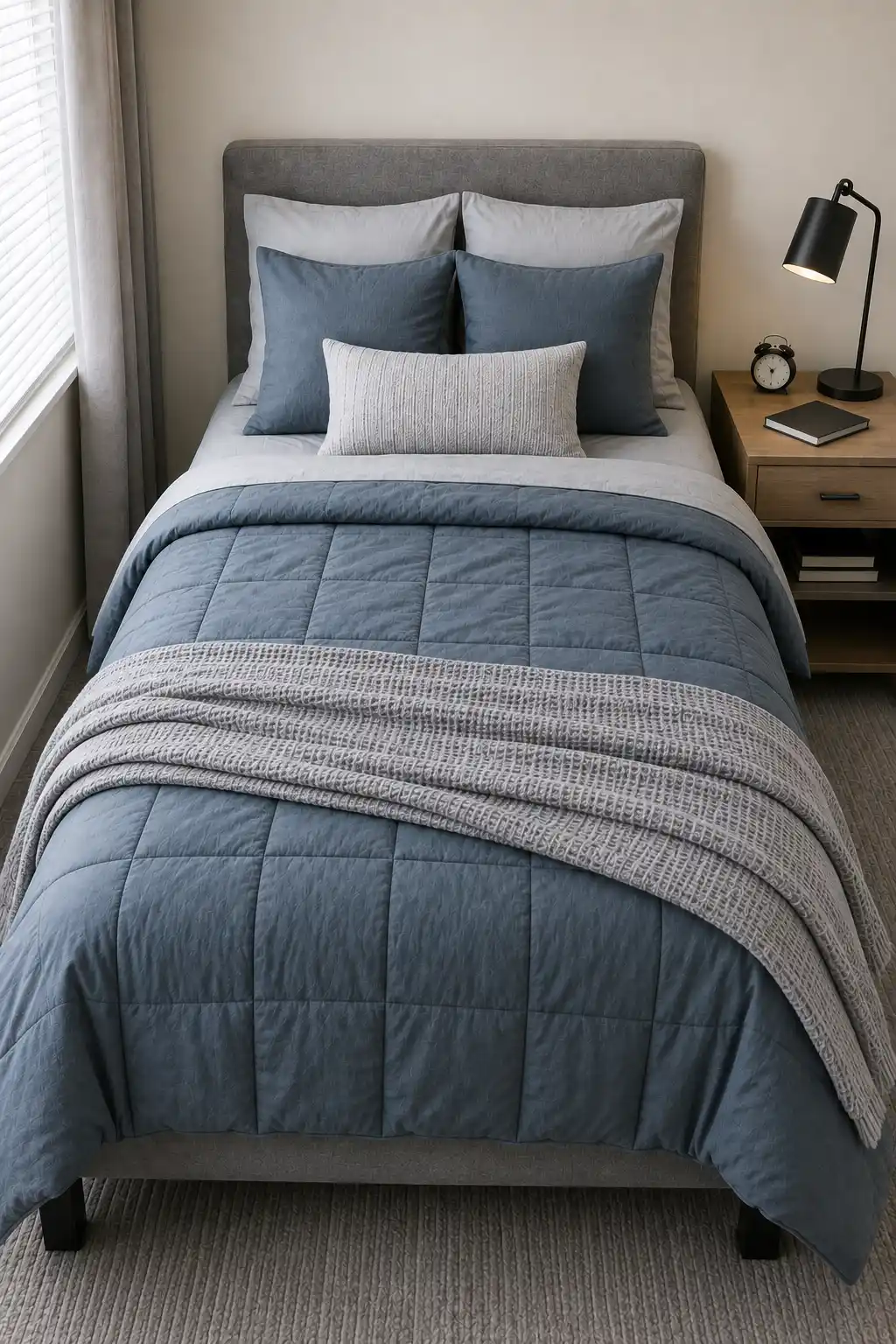 Steel blue dorm bedding idea featuring a quilted blue comforter, crisp white sheets, matching steel blue pillows, a textured light gray lumbar cushion, and a woven gray throw styled with a gray headboard and light wood dorm furniture.