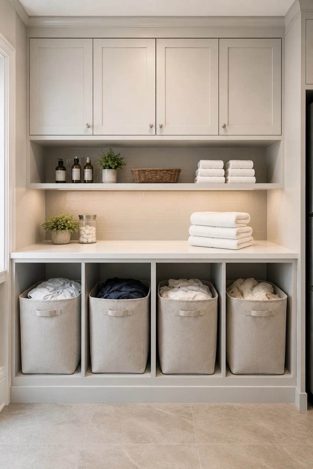 Organized laundry sorting station with four built in cubbies holding separate fabric hampers for whites, dark clothes, towels, and other laundry, plus a folding countertop, upper storage cabinets, open shelving, and neatly stored laundry essentials.