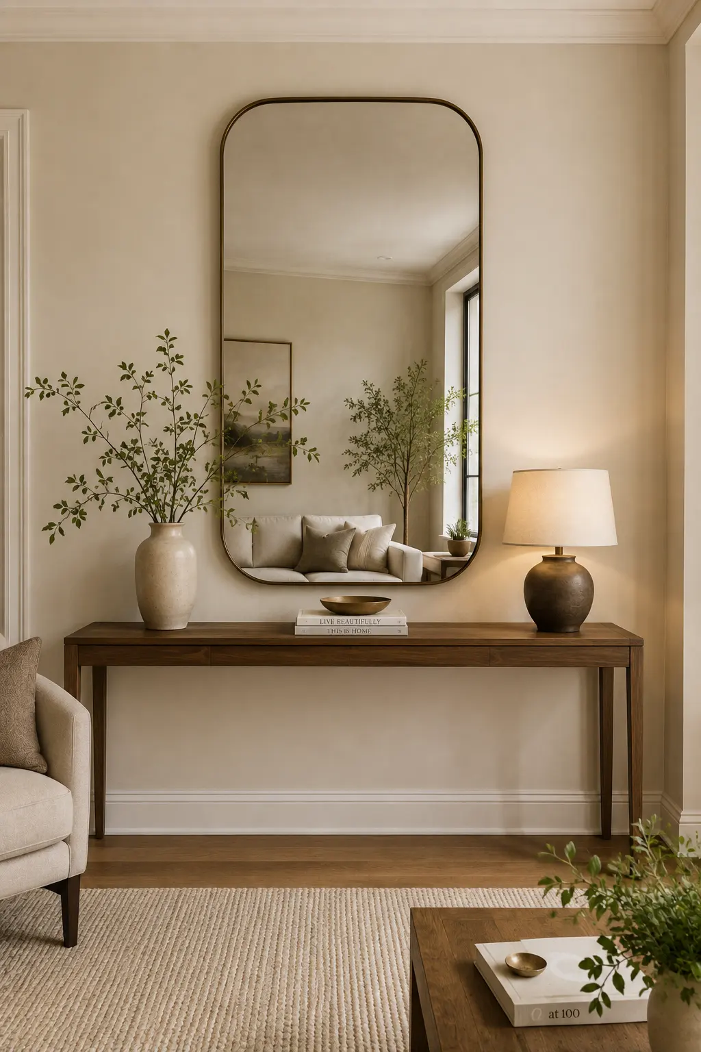Elegant living room wall decor featuring an oversized rounded rectangular mirror above a slim dark wood console table, styled with a ceramic vase, leafy branches, books, a warm table lamp, and sophisticated neutral accents.