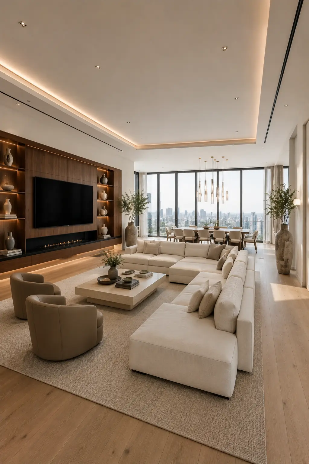 Luxury open layout living room dining room with panoramic floor to ceiling glass walls, oversized neutral sectional sofa, custom walnut feature wall, elegant dining table, contemporary lighting, warm oak flooring, premium furniture, indoor greenery, and bright modern luxury home interior.