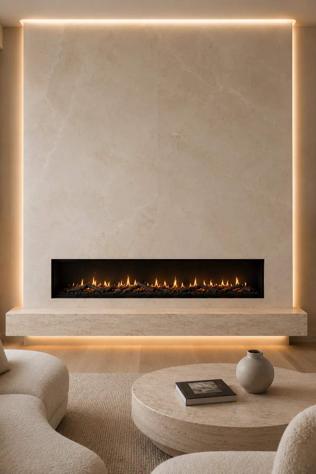 Luxury LED backlit stone fireplace wall with large format natural stone slabs, sleek linear fireplace, floating stone hearth, concealed warm lighting, elegant neutral furniture, and a sophisticated hotel inspired modern living room with premium finishes.