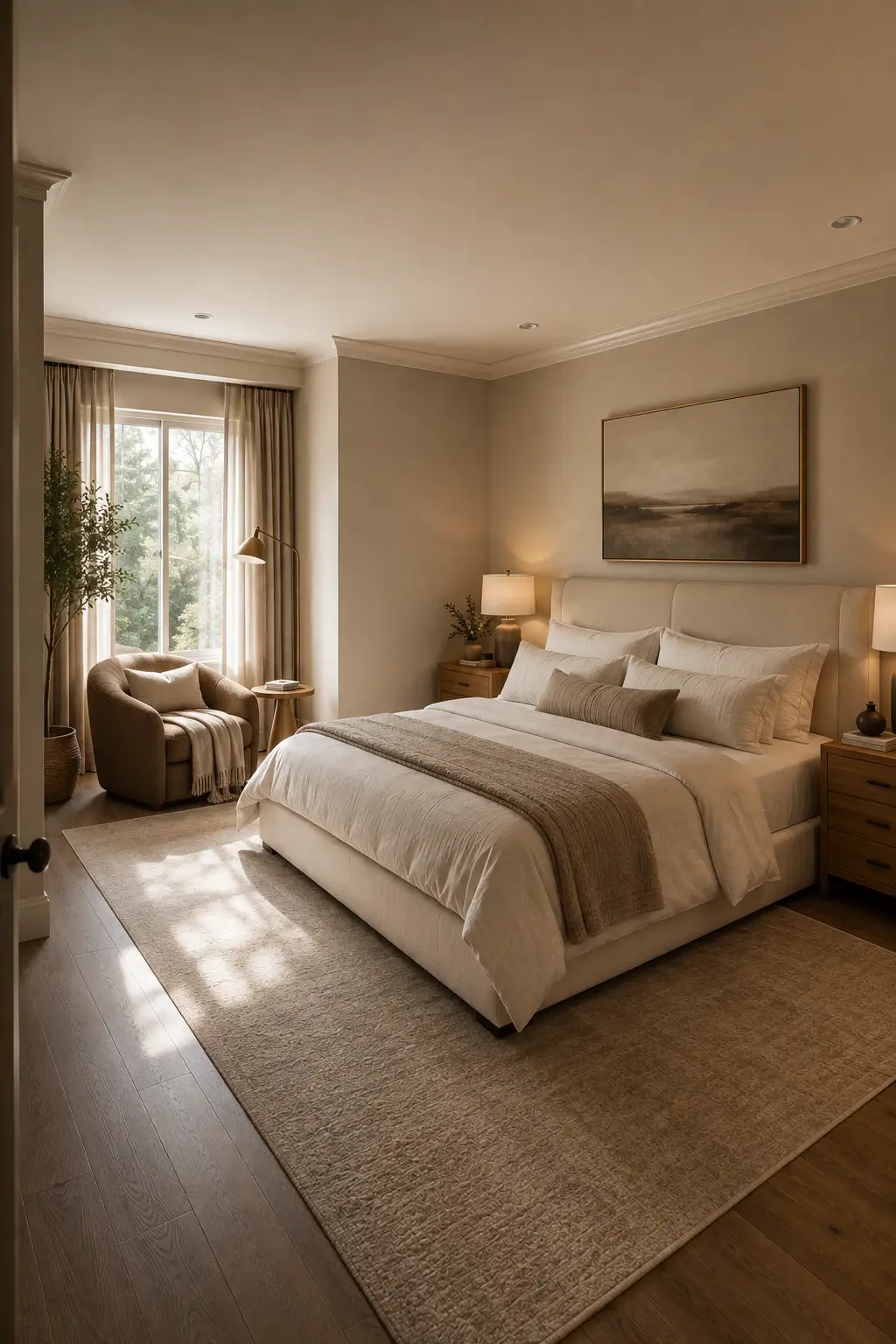 Elegant adult bedroom with a cozy reading corner beside a large window, curved upholstered armchair, slim floor lamp, small wooden side table, cream upholstered bed, layered neutral bedding, textured area rug, and warm sophisticated bedroom decor.