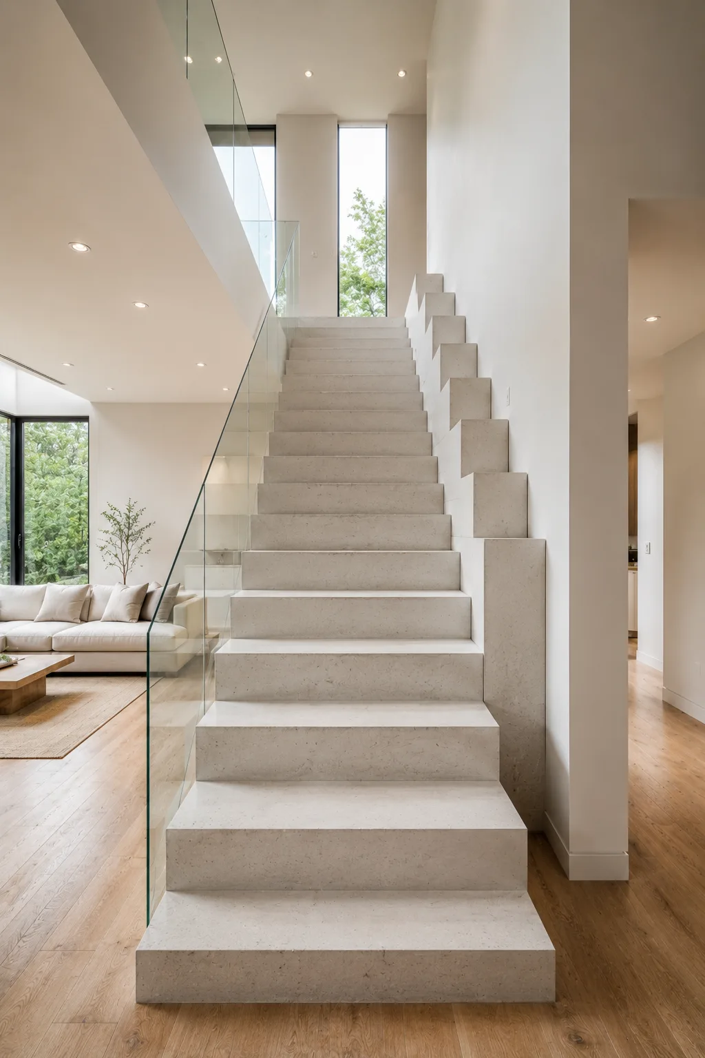 Minimalist modern home staircase built with crisp pale white concrete steps, bold stepped rectangular wall blocks, frameless glass railing, warm natural wood flooring, clean white walls, large vertical windows, bright natural light, and refined Minecraft inspired concrete block architecture.