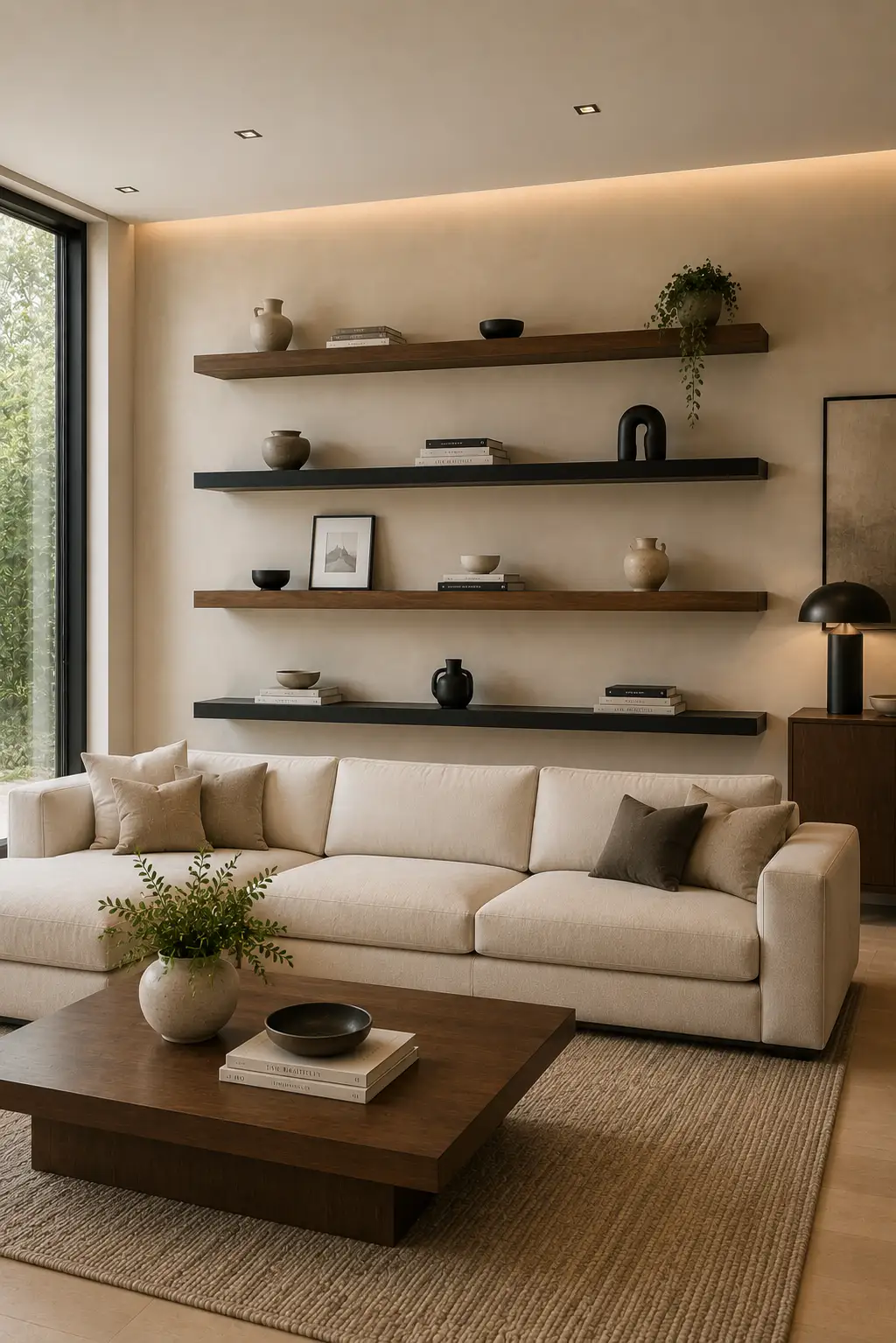 Stylish contemporary living room featuring alternating walnut and matte black floating shelves arranged across a warm beige wall. The combination of rich wood and dark matte finishes creates layered contrast while consistent shelf thickness and spacing maintain a cohesive modern composition. Cream ceramic vases, black sculptural objects, framed artwork, stacked books, and greenery add subtle styling, complemented by a large cream sectional sofa, walnut coffee table, textured rug, and contemporary floor lamp.