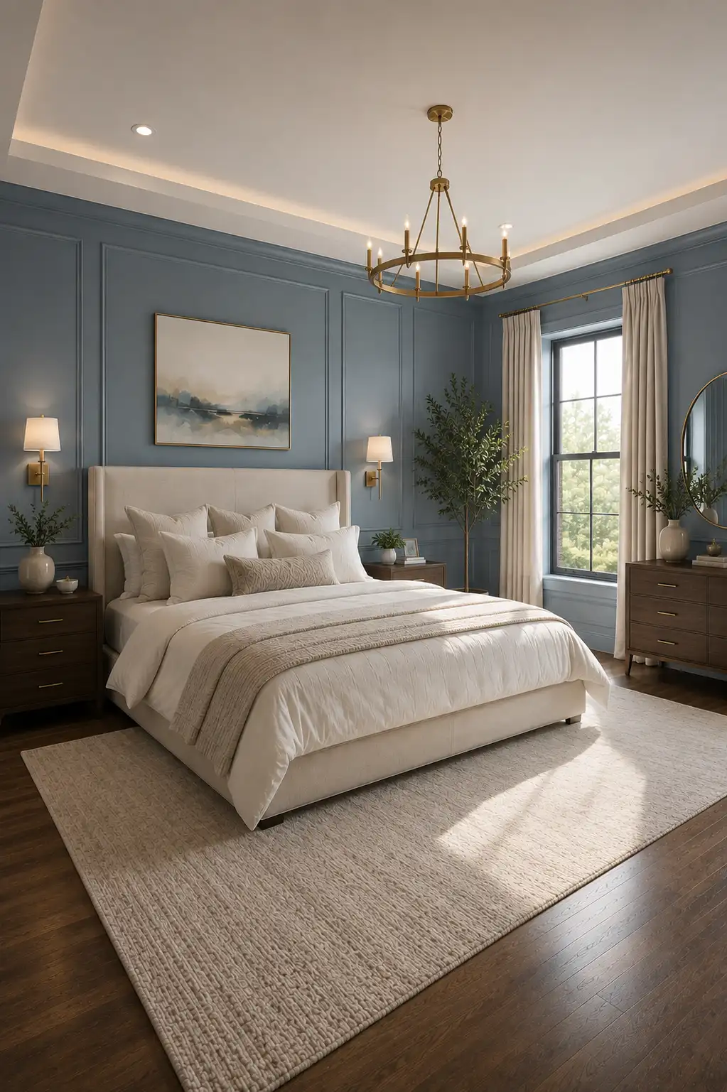 Refined modern bedroom featuring muted dusty blue painted walls with elegant decorative panel molding, a large cream upholstered bed with layered ivory and beige bedding, dark walnut nightstands, warm brass wall sconces and chandelier, floor-to-ceiling cream curtains, a large textured neutral rug, dark hardwood flooring, framed abstract artwork, subtle greenery, and soft natural daylight creating a calm sophisticated luxury bedroom.