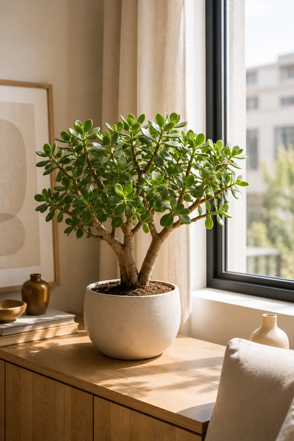 Mature Jade Plant with thick woody branching stems and dense rounded fleshy green leaves in a large neutral ceramic planter placed on a natural wood table beside a bright window, framed artwork, pottery, and warm contemporary decor.
