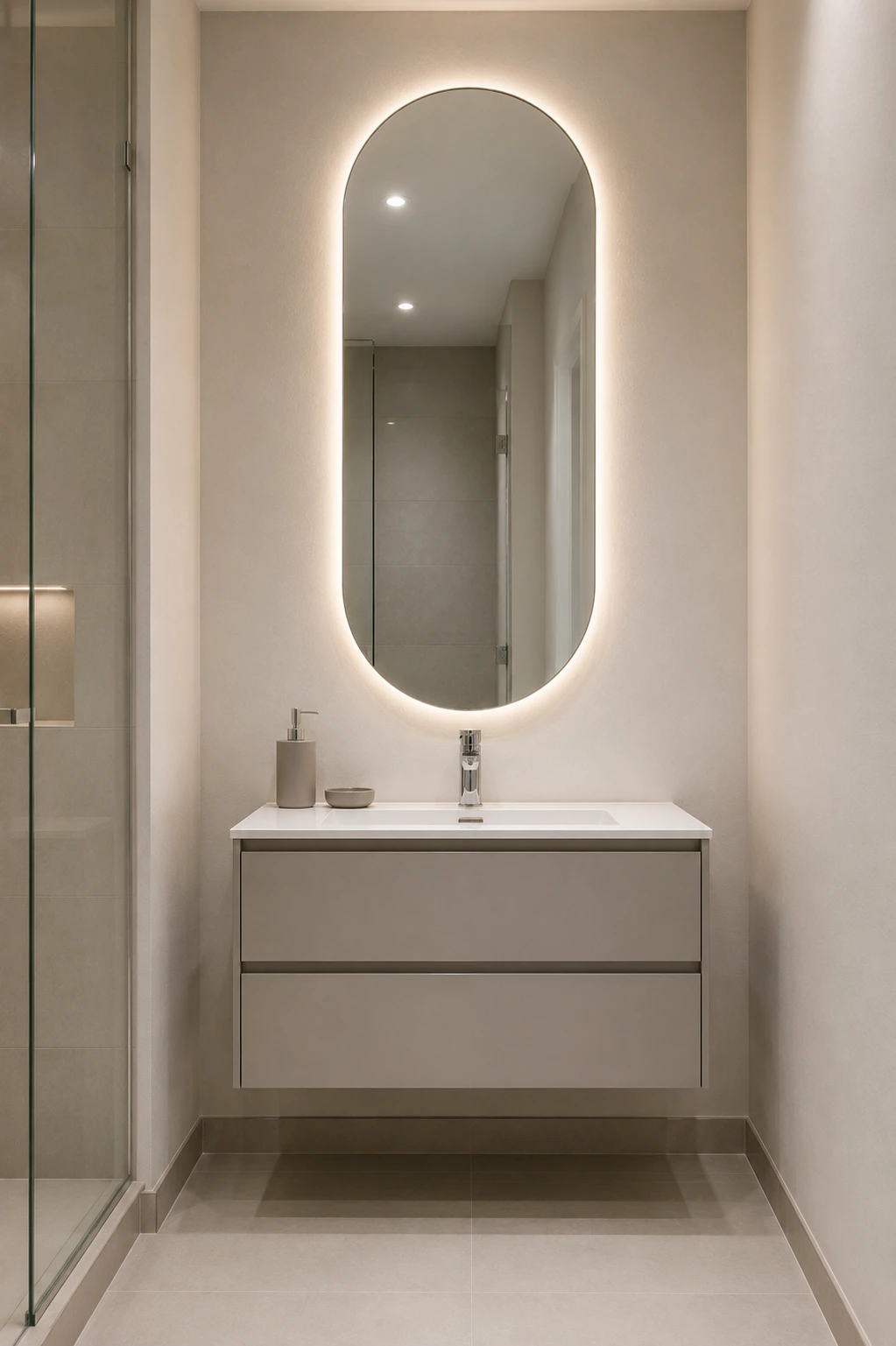 Small elegant bathroom featuring a tall pill shaped curved vanity mirror with soft LED backlighting above a compact floating white vanity. Warm ivory walls, beige porcelain flooring, minimalist chrome faucet, frameless shower glass, recessed ceiling lighting, and clean contemporary styling create a sophisticated space that feels taller and more open.