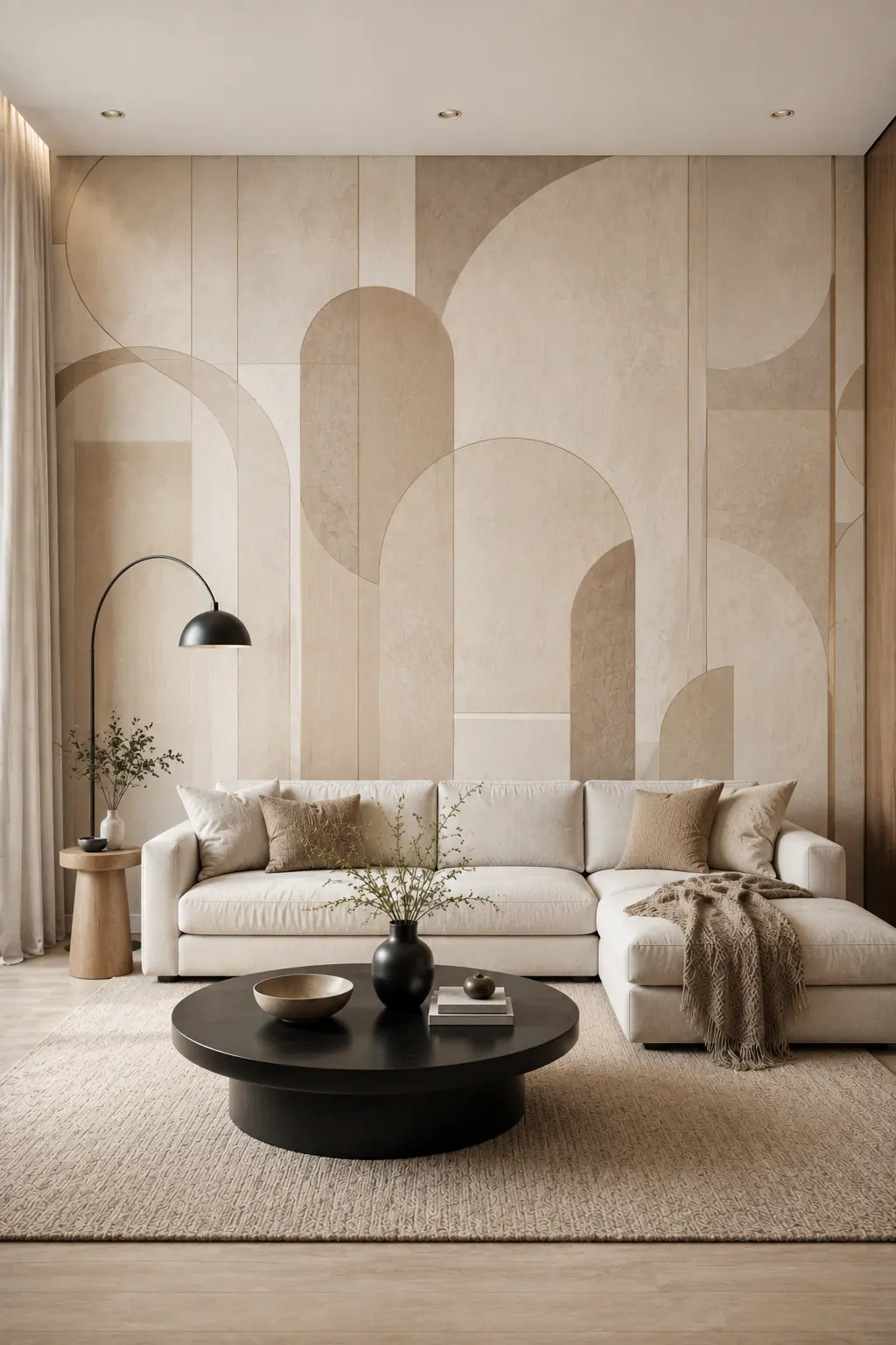 Polished modern living room featuring soft geometric wallpaper with oversized arches, curved forms, vertical panels, and layered shapes in cream, beige, taupe, and warm brown, styled with a cream sectional sofa, round black coffee table, neutral rug, natural wood accents, and minimalist lighting.