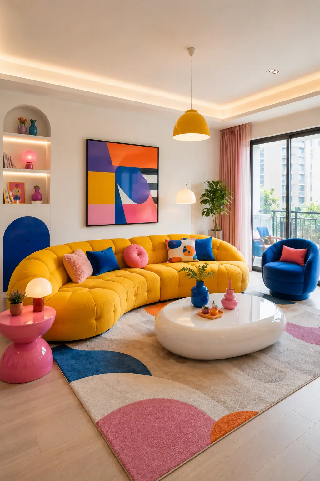 Cheerful Toca Boca inspired living room featuring a large golden yellow curved sectional sofa, deep blue rounded accent chair, white sculptural oval coffee table, colorful geometric area rug with blue, pink, orange, and cream shapes, blue and pink cushions, abstract colorful wall art, yellow pendant light, pink side table, blue decorative vases, arched shelving, indoor plants, and bright contemporary furniture arranged in a full room composition.