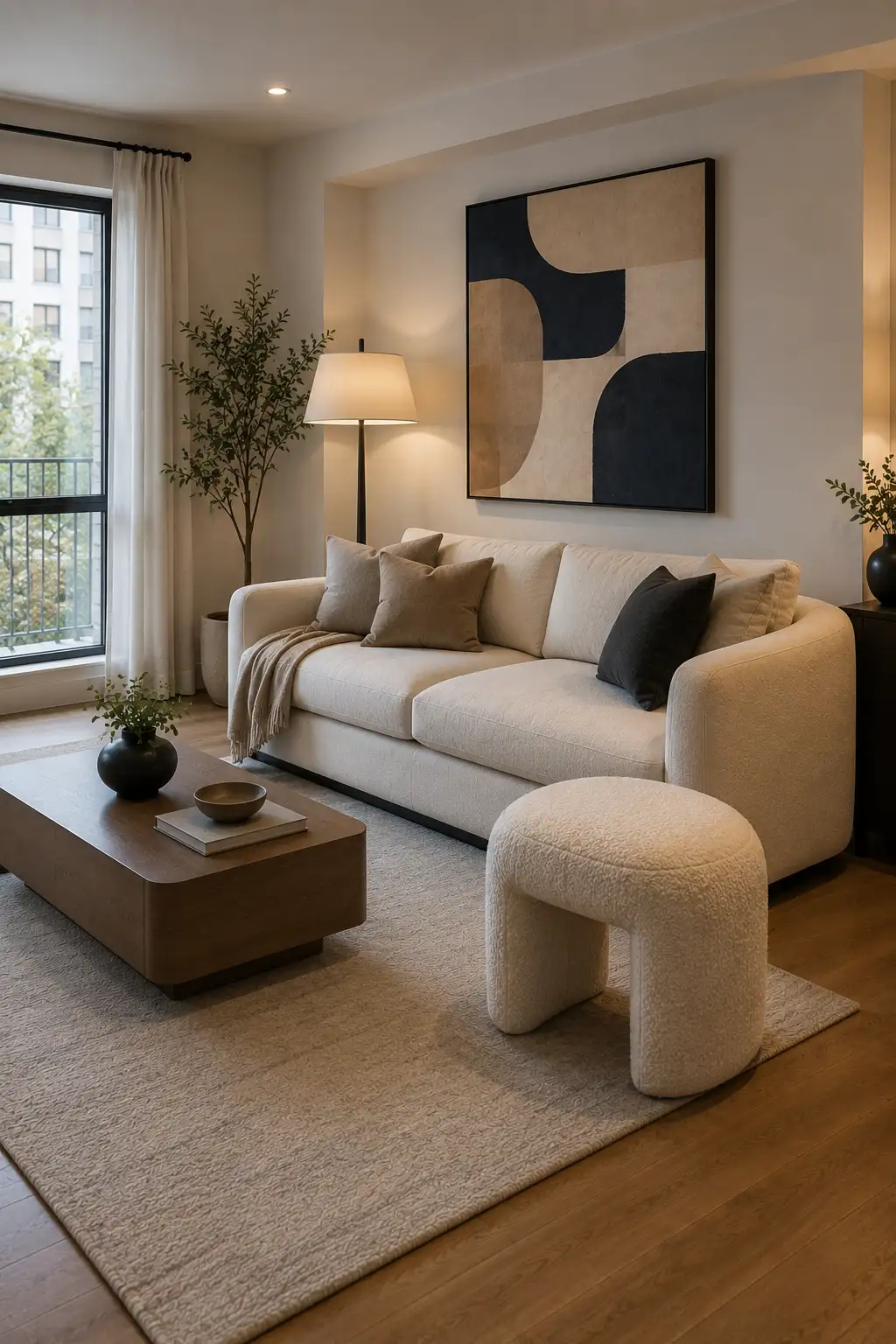 Contemporary living room featuring a curved cream bouclé accent stool positioned beside a rounded neutral sofa, dark wood coffee table, textured beige area rug, black sculptural vase, abstract geometric wall artwork, and soft natural lighting for a sophisticated modern seating arrangement.