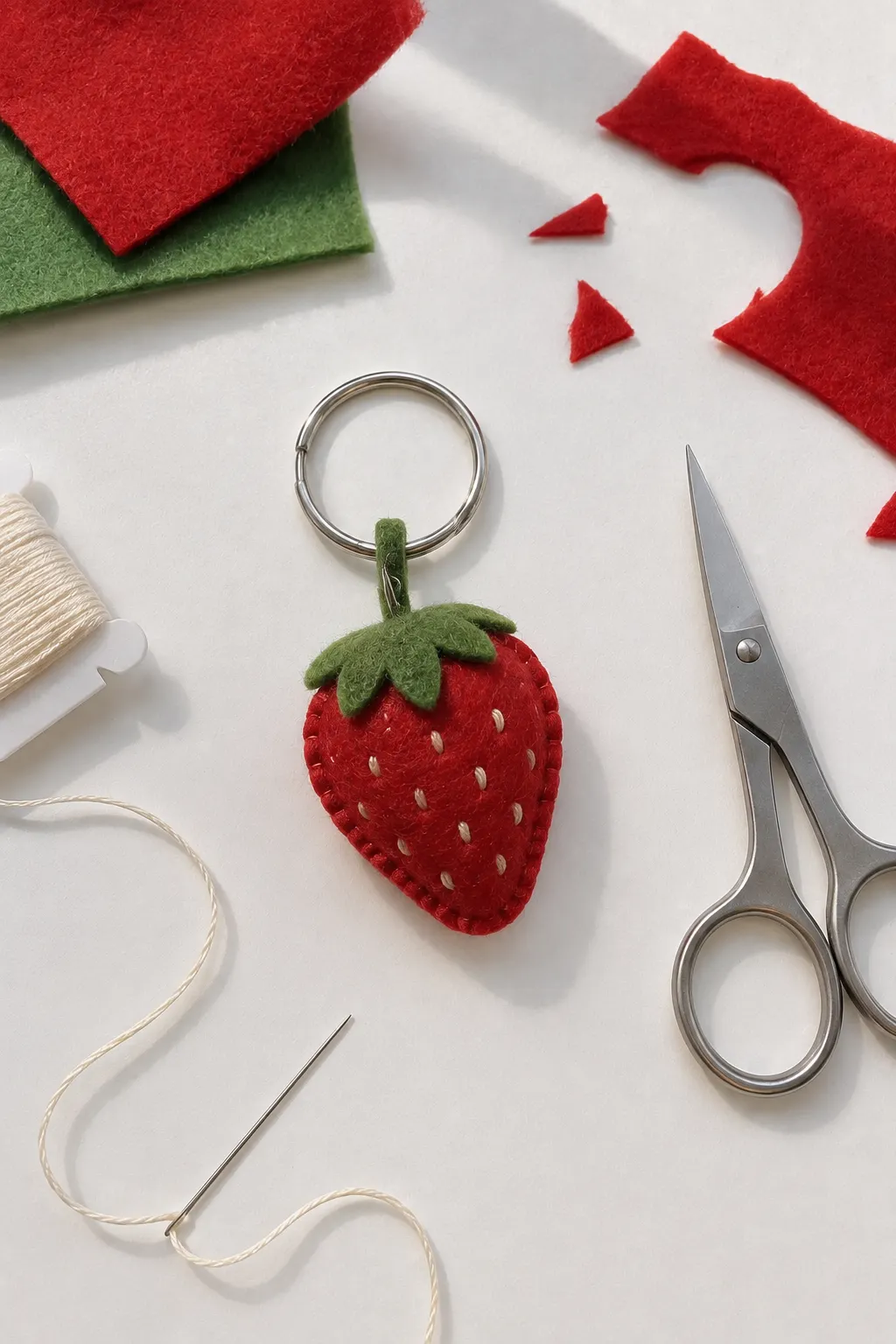 A finished handmade felt strawberry keychain featuring a bright red strawberry-shaped body with cream stitched seeds, a green felt leafy top, visible blanket stitching around the edges, and a silver metal keyring, surrounded by red and green felt pieces, scissors, needle, and thread on a craft table.