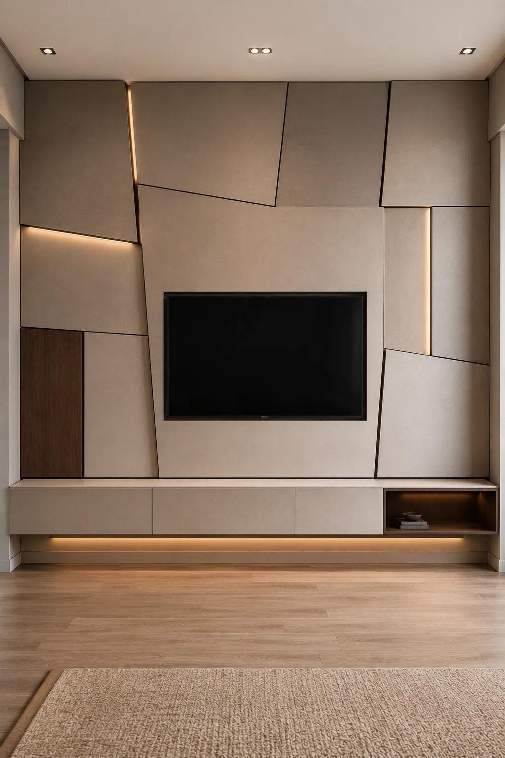 Modern geometric TV wall featuring oversized offset panels arranged around a recessed television, with angled shadow gaps, selective warm LED lighting, subtle wood accents, a floating storage console, and an illuminated display niche for a tailored three dimensional look.