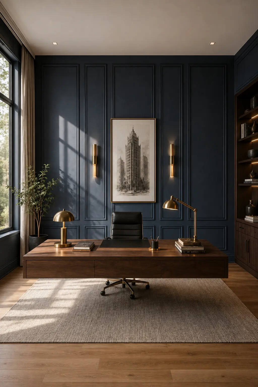 Sophisticated luxury home office featuring a full deep navy accent wall with tall classic raised molding panels, framed architectural artwork, warm brass wall sconces, large walnut executive desk, black leather office chair, matching brass desk lamps, built in dark wood shelving, neutral textured rug, and elegant modern study decor.
