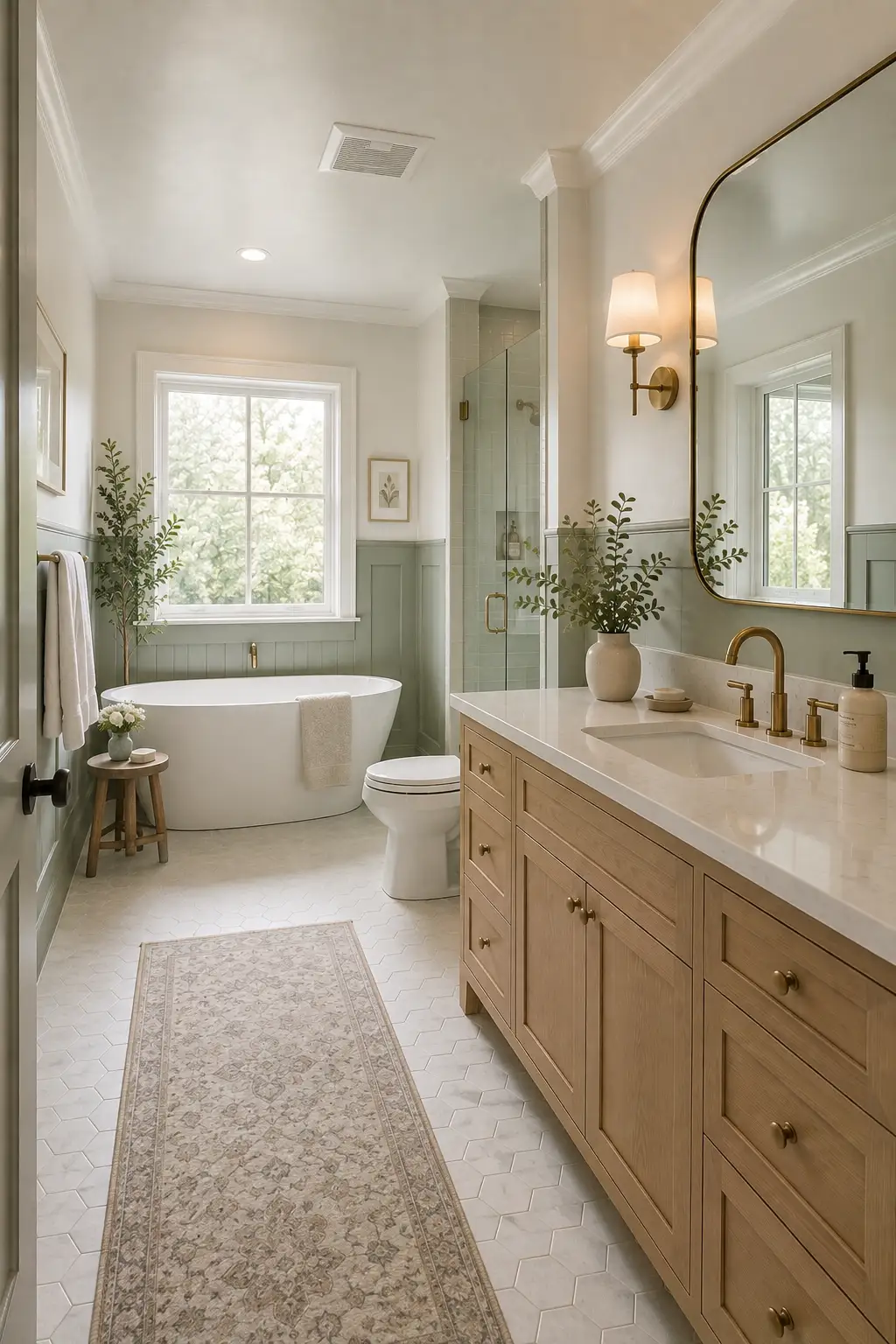 Classic sage green bathroom featuring soft muted green wainscoting and paneling across the lower walls, warm white upper walls with detailed crown molding, freestanding white bathtub positioned beneath a large window, natural oak vanity with white countertop, rounded brass-framed mirror, brushed brass faucet and wall sconces, white toilet, white hexagonal floor tiles, neutral patterned runner, wooden stool, and botanical decor.