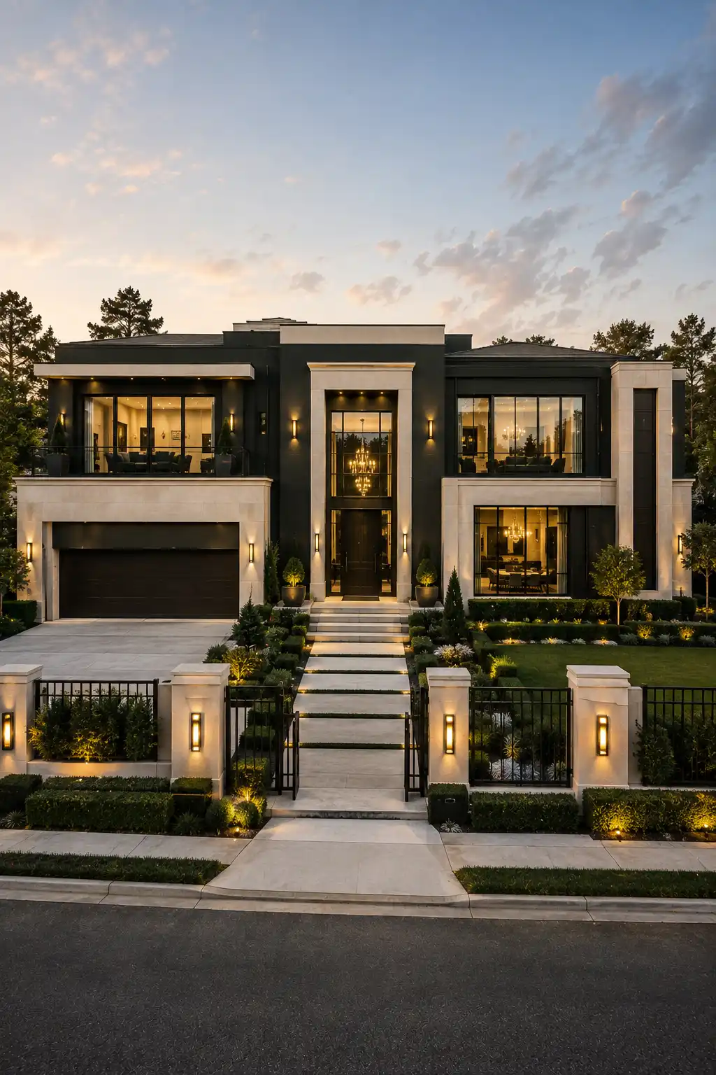 Luxury modern home with deep black exterior paint balanced by warm cream architectural sections, black framed windows, dark garage, prominent central entrance, geometric facade, manicured landscaping, elegant pathway, and warm architectural lighting.