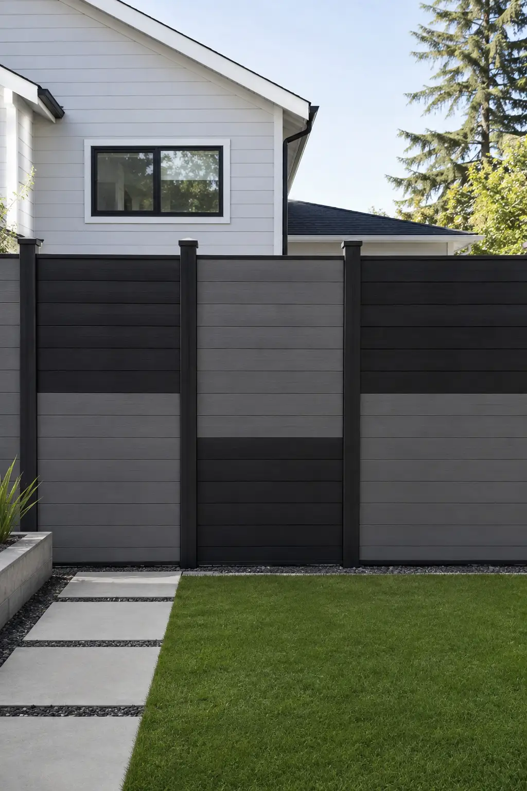 Two tone modern privacy fence featuring alternating black and medium gray horizontal panels framed by dark posts, creating a structured contemporary look beside a green lawn, concrete pathway, gravel landscaping, and a modern white house.