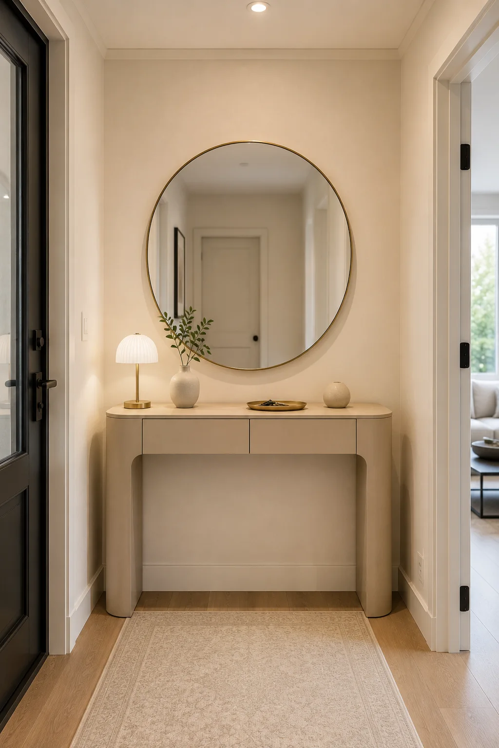 Soft contemporary small entryway featuring a streamlined cream console with rounded outer edges and integrated drawers, oversized round brass framed mirror, warm cream walls, natural light oak flooring, ribbed table lamp, ceramic vase with delicate greenery, shallow brass decorative tray, small rounded ceramic accent, neutral patterned runner, and elegant minimalist entryway decor designed for a compact space.