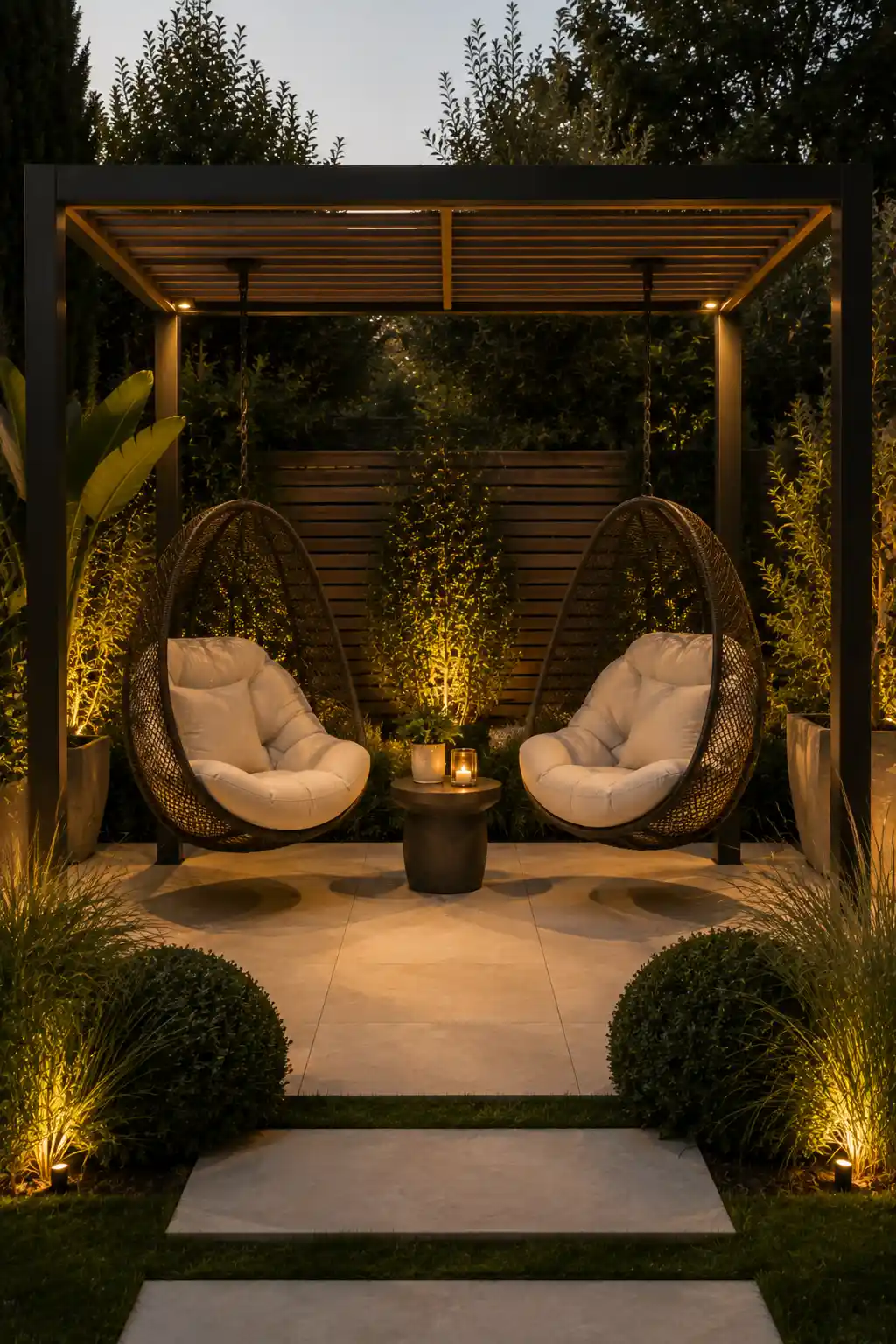 Cozy modern backyard corner featuring two hanging cocoon chairs with deep cream cushions beneath a sleek dark pergola, compact round side table, candlelight, neutral stone paving, manicured shrubs, tall privacy plants, ornamental grasses, and warm garden uplighting.
