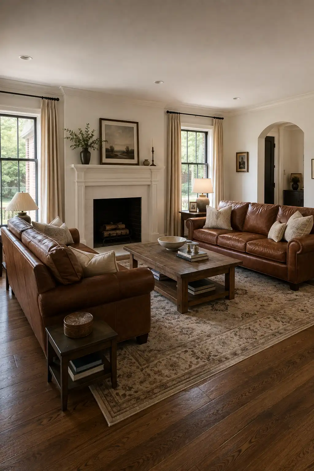 Timeless Joanna Gaines inspired living room with rich cognac brown leather sofas, a traditional white fireplace, rustic wood coffee table, faded neutral area rug, tall black framed windows, cream curtains, landscape artwork, warm hardwood flooring, and simple collected accessories.