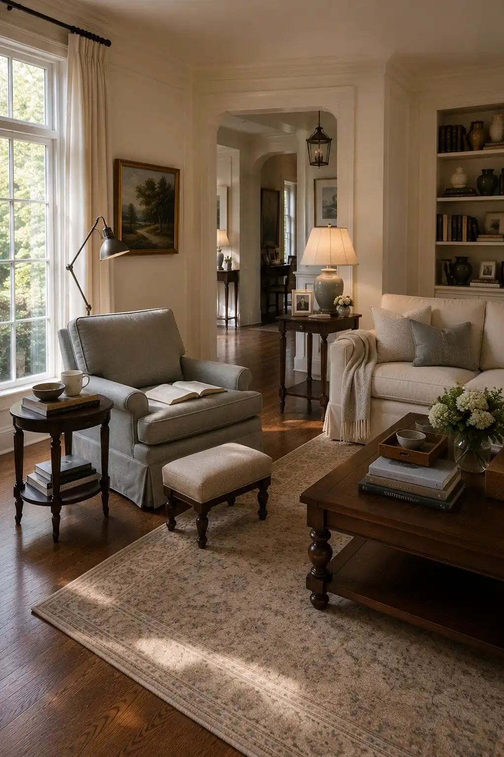 Inviting Nancy Meyers living room reading corner with a soft gray upholstered armchair beside a tall window, small dark wood side table, adjustable reading lamp, upholstered footstool, cream sofa, built in bookshelves, traditional artwork, and warm hardwood flooring.