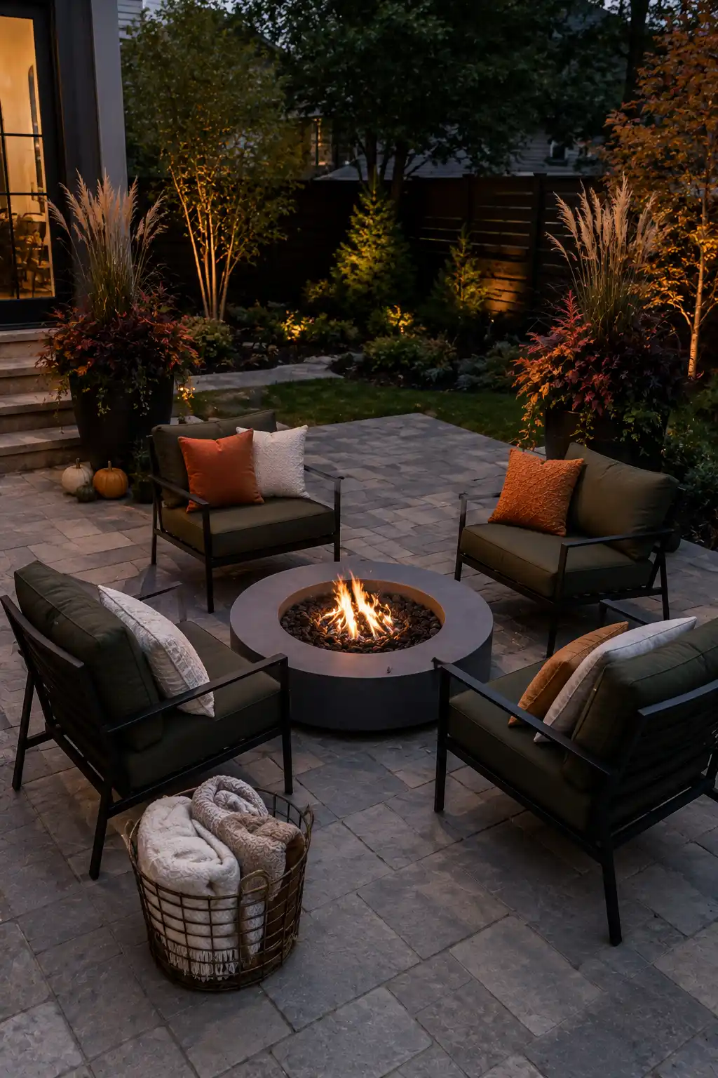 Cozy outdoor fall patio featuring four modern lounge chairs arranged around a circular fire pit, with burnt orange and cream cushions, warm blankets, tall autumn planters, ornamental grasses, subtle pumpkins, and evening landscape lighting.
