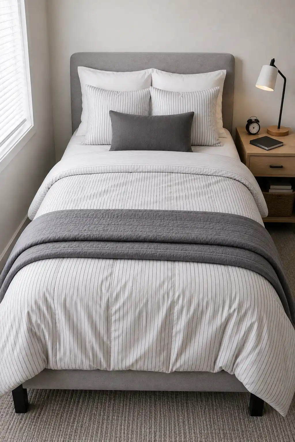 Pinstripe dorm bedding idea featuring a white comforter with fine gray vertical stripes, matching striped pillows, crisp white sleeping pillows, a charcoal lumbar cushion, and a solid gray quilt layered across a neat college dorm bed.